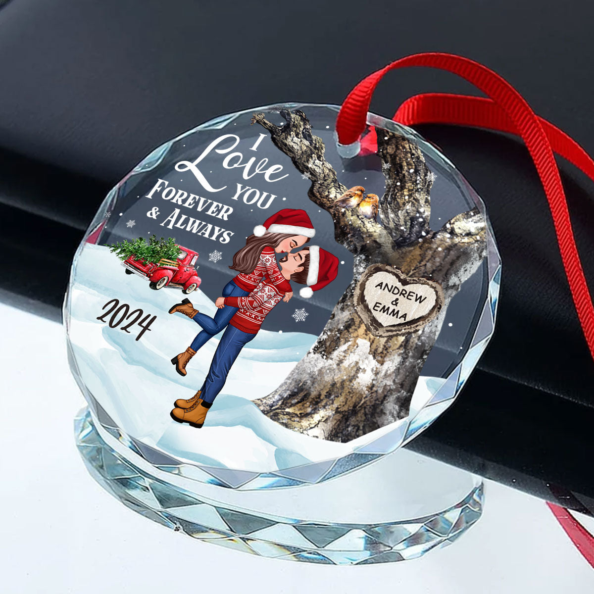 Couple Hugging Kissing Carved Heart Tree Personalized Glass Ornament, Christmas Gift For Him, For Her