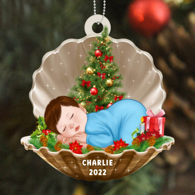 Baby In Pearl Shell Personalized Christmas Wooden Ornament