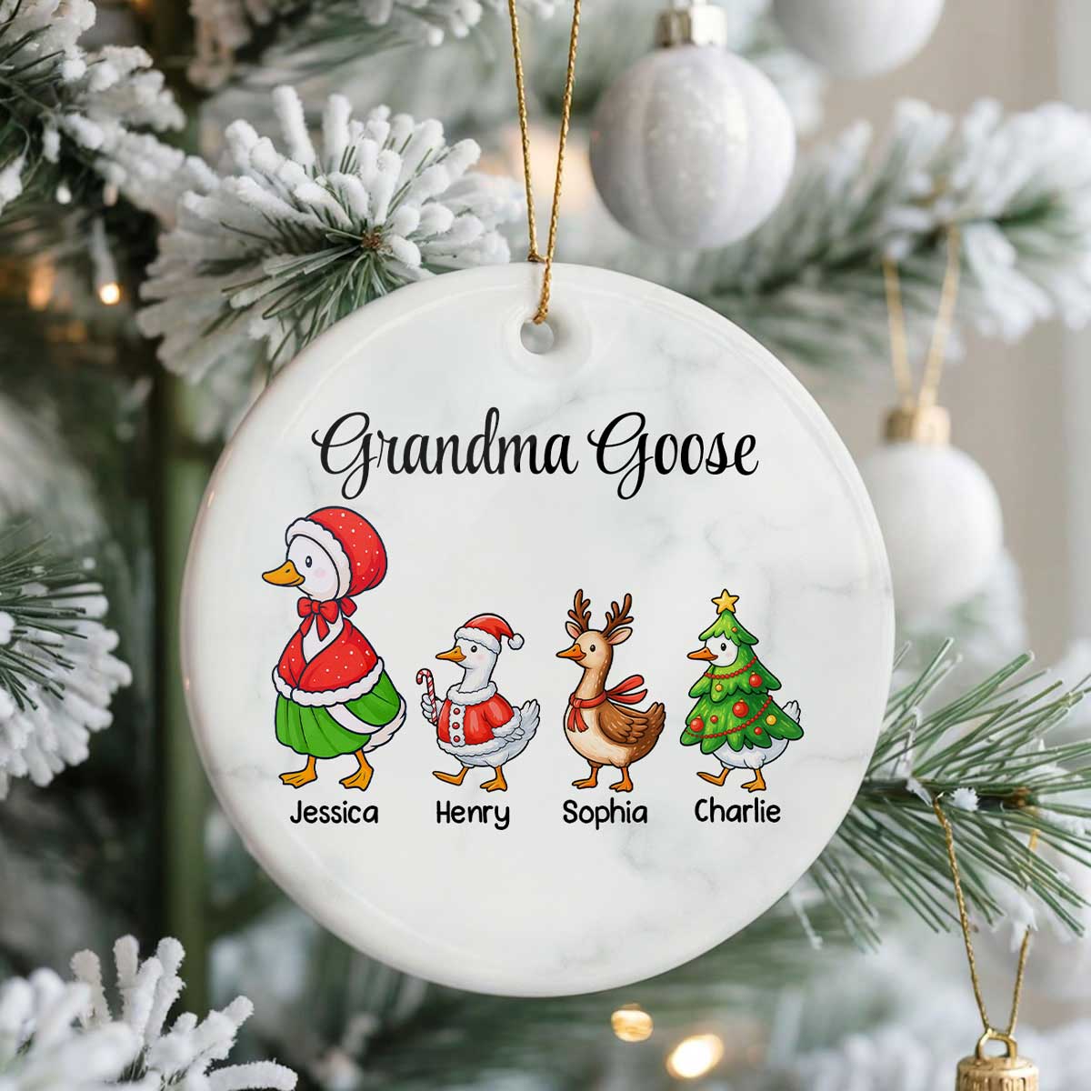 Cute Grandma Goose And Kids Personalized Circle Ceramic Ornament