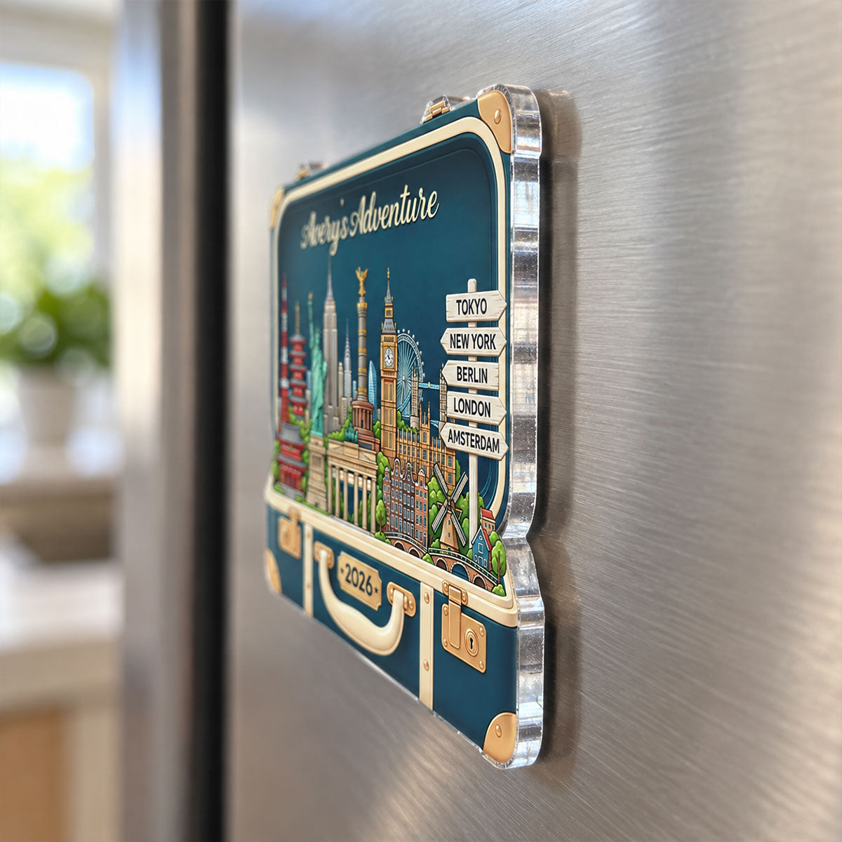 Custom Travel Adventure Suitcase 2D Flat Printed - Personalized Acrylic Fridge Magnet - Traveling Destination Keepsake, Gift For Traveling Lovers