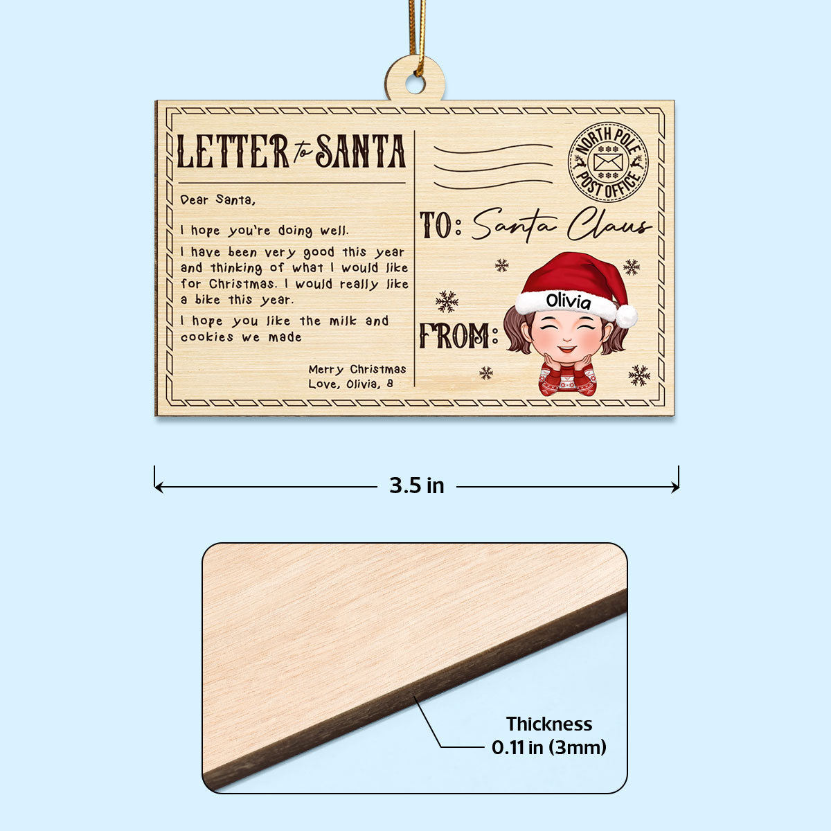 Letter To Santa From Kid Christmas Personalized Wooden Ornament, Child's Handwriting