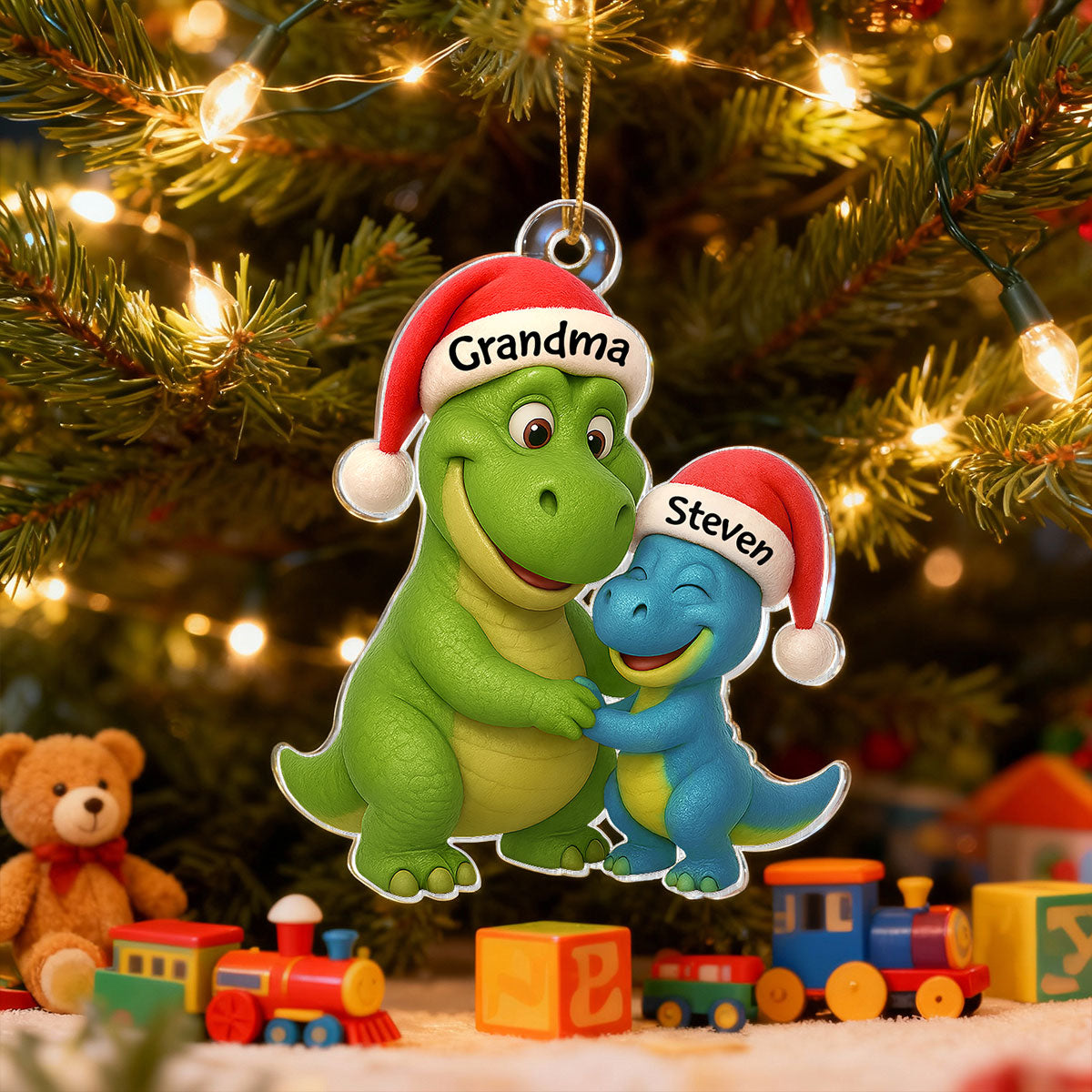 3D Effect Heartwarming Grandmasaurus Hugging Dinosaur Grandkid - Personalized Acrylic Car Hanger - Fun & Unique Gift For Grandkids