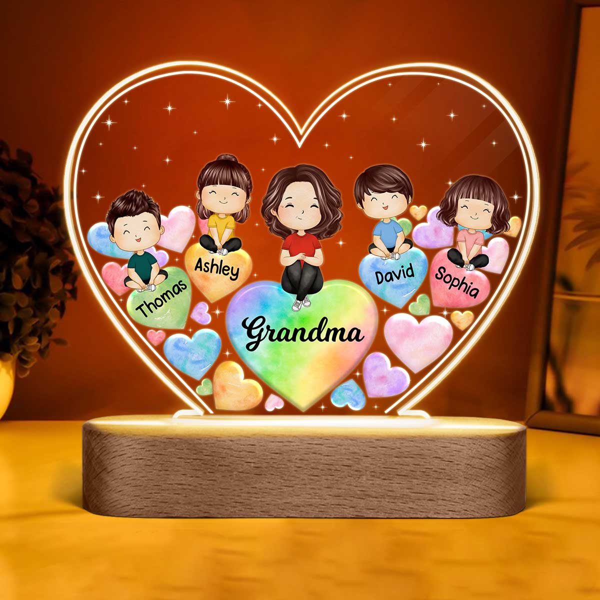 Watercolor Grandma Grandkids Hearts In Heart Personalized Heart Acrylic LED Night Light