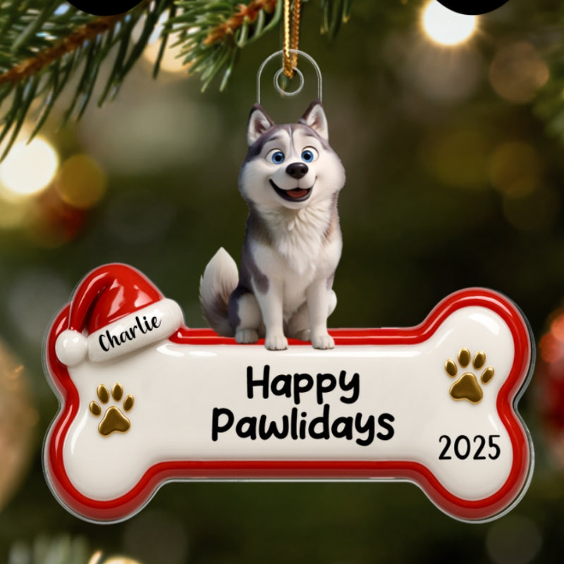 Happy Pawlidays Cartoon Dog 3D Effect - Personalized Acrylic Ornament - Christmas Decor For Dog Lovers