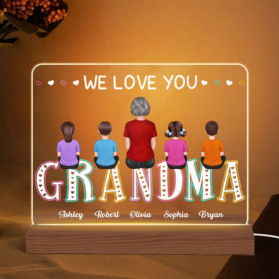 Grandma We Love You Colorful Back View Woman Sitting With Kids Personalized Horizontal Rectangle Custom Shaped Acrylic Plaque With Warm LED Night Light