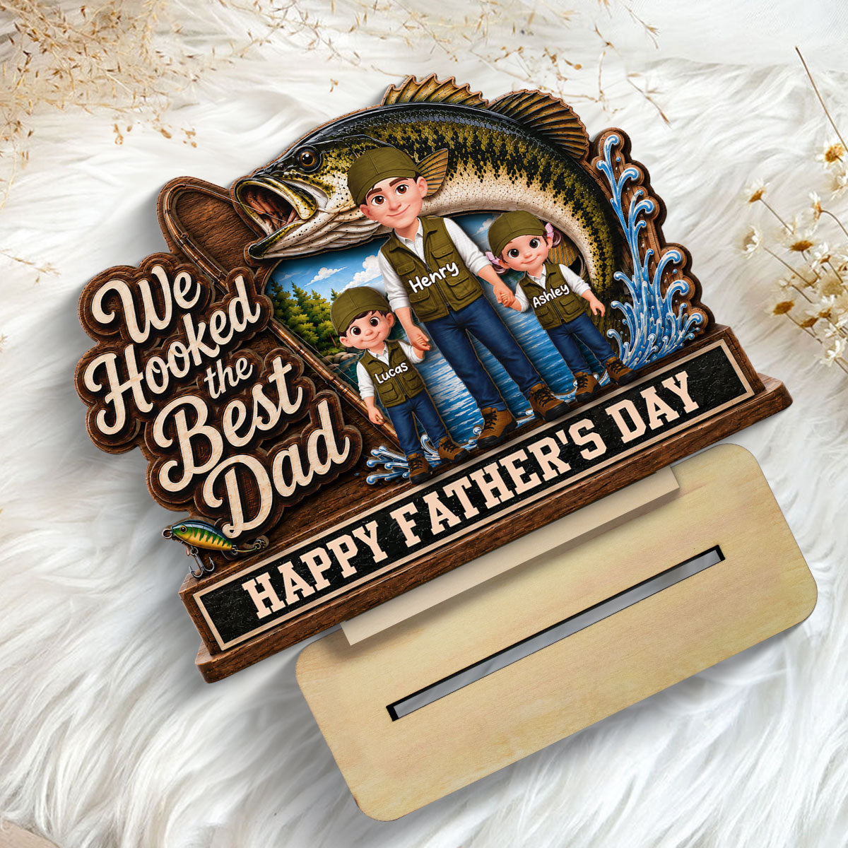 We Hooked The Best Dad Fishing Man & Kids 2D Flat - Personalized 2-Layered Wooden Plaque - Father's Day Gift For Fishing Dad