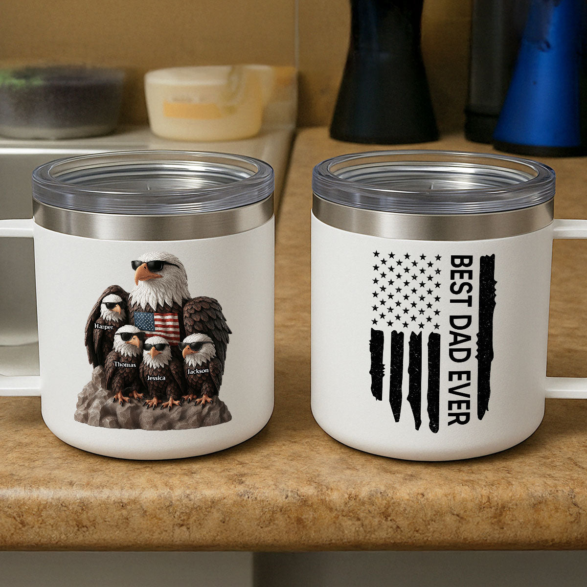 Patriotic Eagle Grandpa Dad & Kids 3D Effect Personalized Stainless Steel Tumbler With Handle