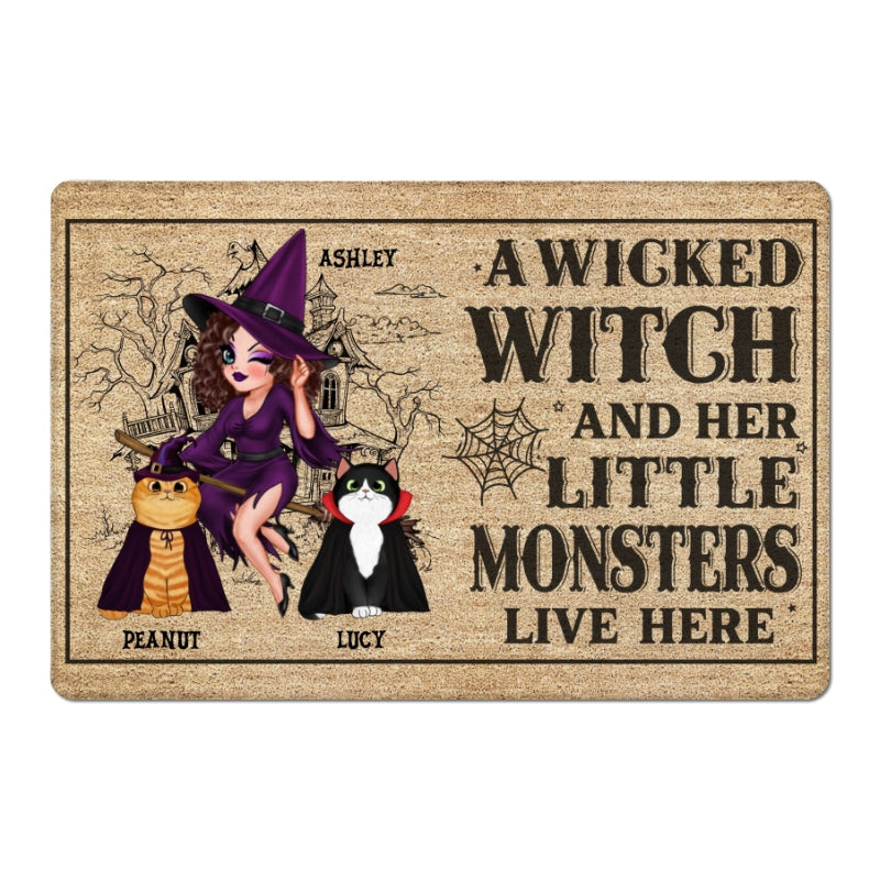 Doll Wicked Witch On Broom And Little Monsters Fluffy Cats Live Here Personalized Doormat