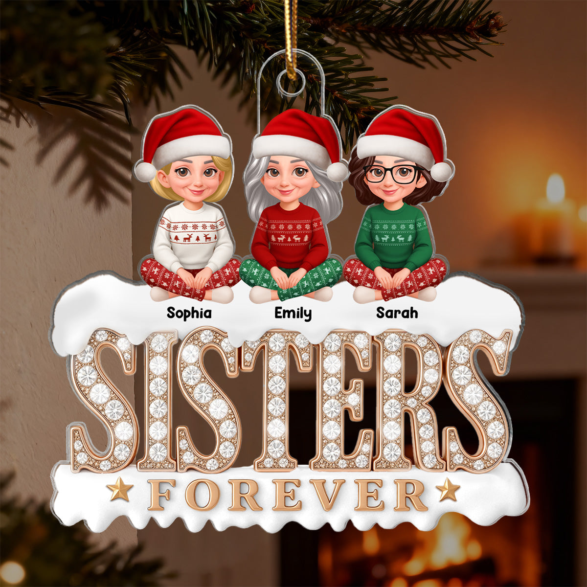 3D Shining Effect Sisters Forever Beautiful Women - Personalized Acrylic Ornament - Gift For Sisters