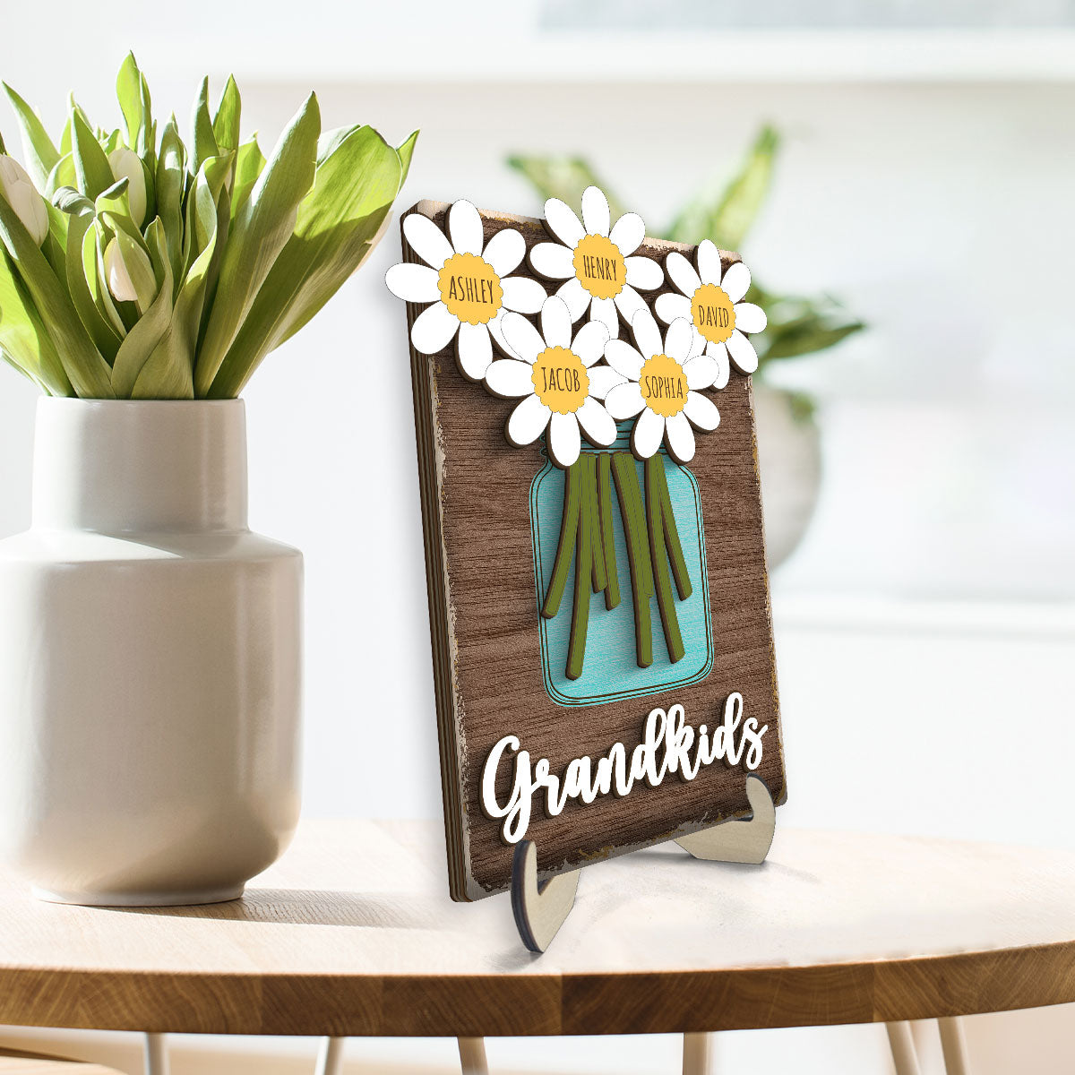 Grandkids Daisy Flowers Names Personalized 2-layer Wooden Plaque