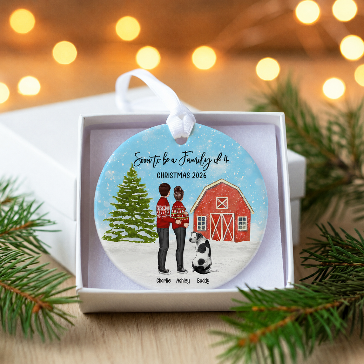 Family Pregnancy Christmas Ornament, Expecting Pregnancy announcement, Red Barn, Personalized Circle Ceramic Ornament