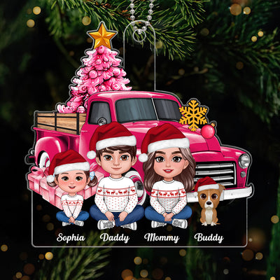Pink Christmas Truck Family Personalized Acrylic Ornament