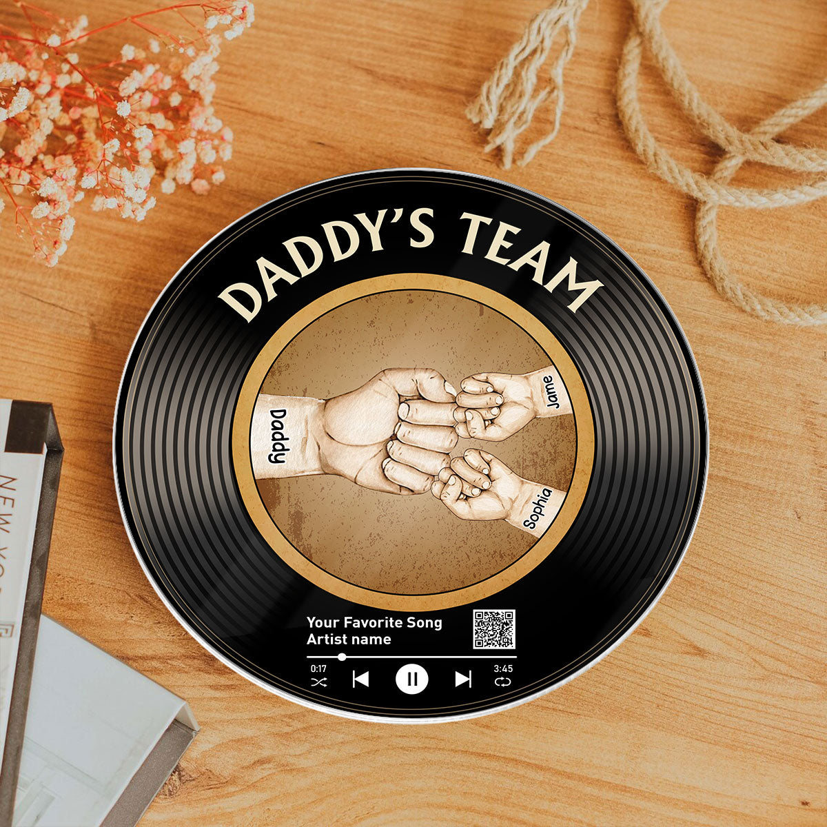 Daddy's Team Fist Bump Custom Vinyl Record Acrylic Song Plaque, Scannable QR Code, Personalized Birthday, Father's Day Gift for Dad