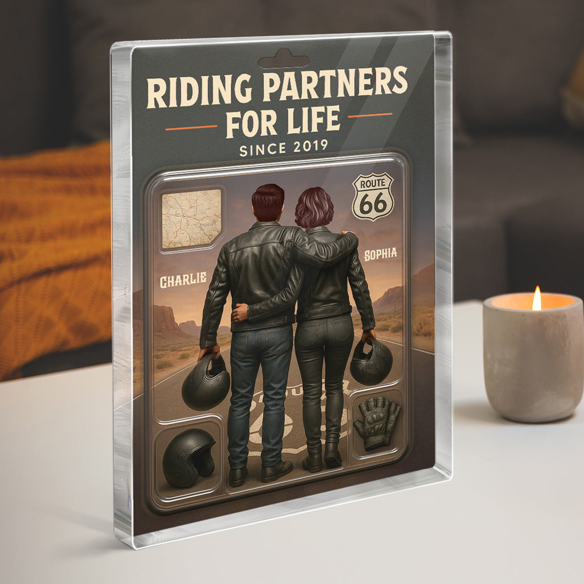 3D Effect Custom Figure Couple Bikers Riding Partners For Life Personalized Flat Acrylic Block, Birthday Gift, Wedding Gift, Anniversary Gift For Bikers