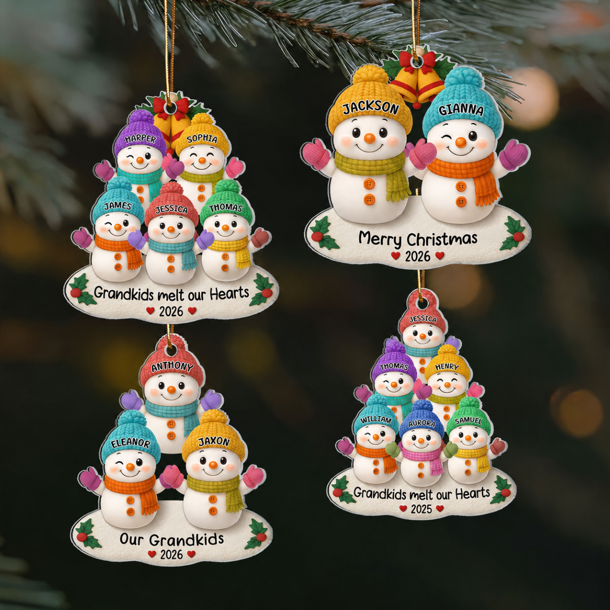 Snowman Grandkids Christmas Tree - Personalized Acrylic Ornament - Gift For Grandparents, Grandkids, Family