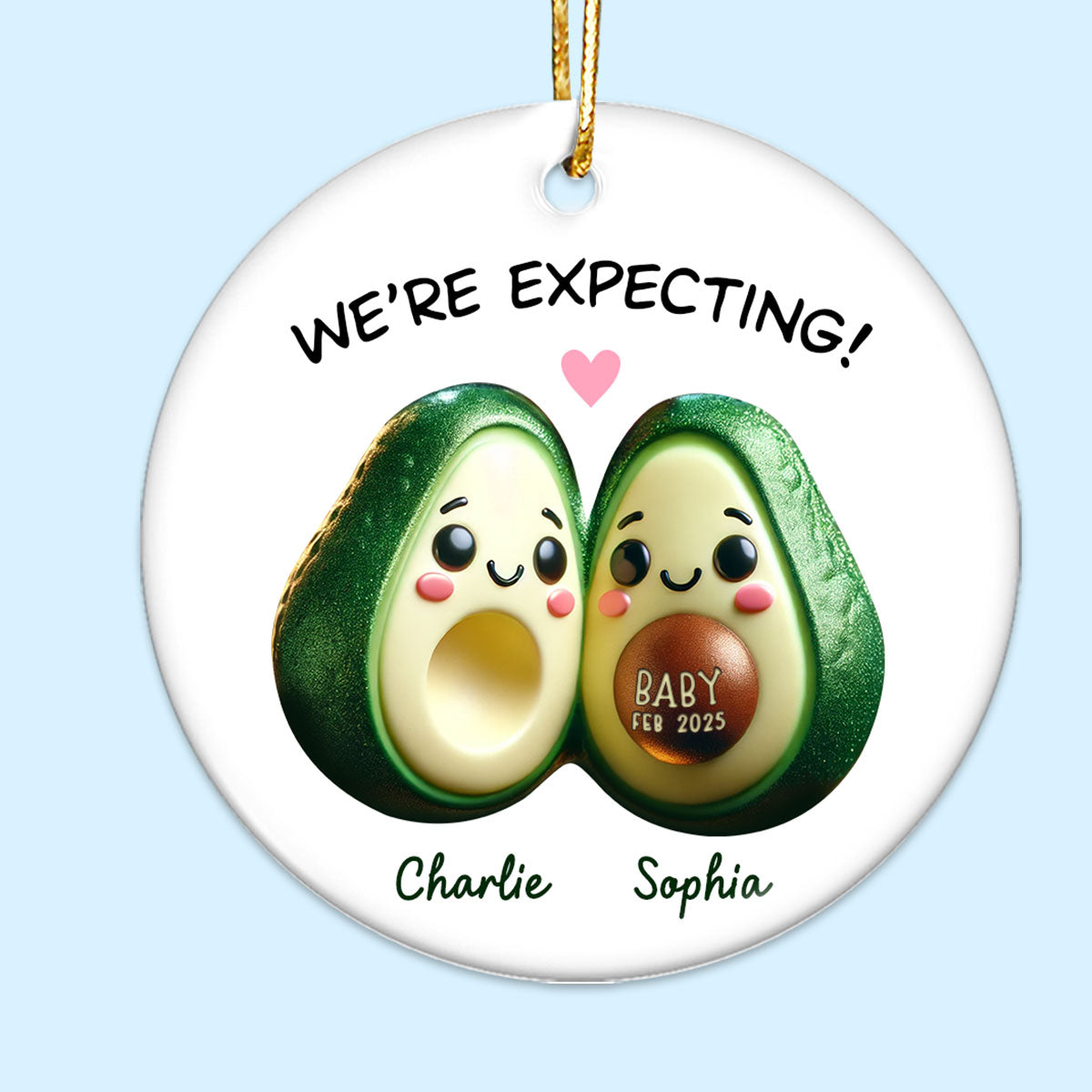 Avocado Couple Expecting Parents Pregnancy Announcement 3D Effect Keepsake Personalized Ceramic Flat Ornament