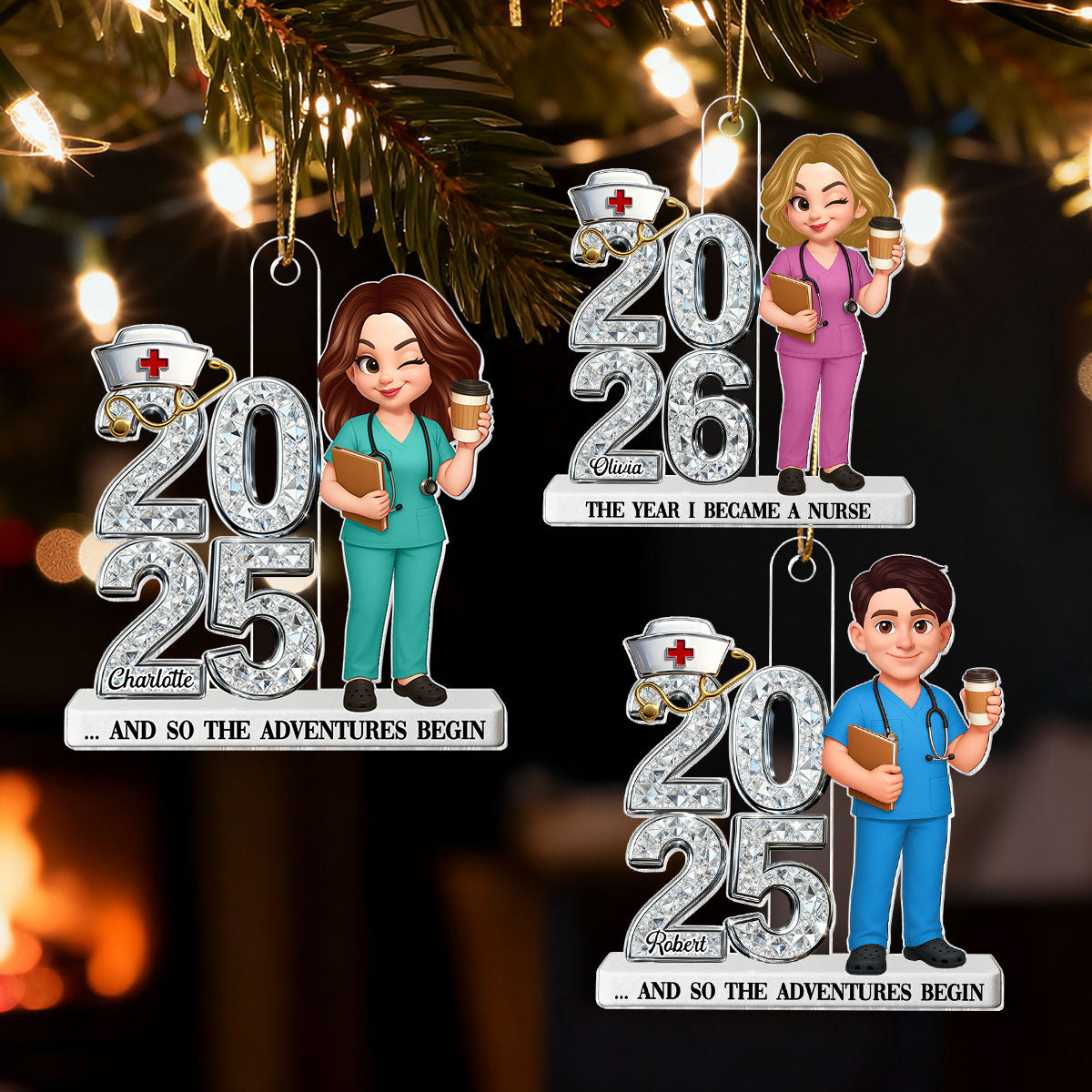 3D Shiny Effect New Nurse With Year - Personalized Acrylic Ornament - RN Gift, BSN Gift, Nursing Graduation Gift