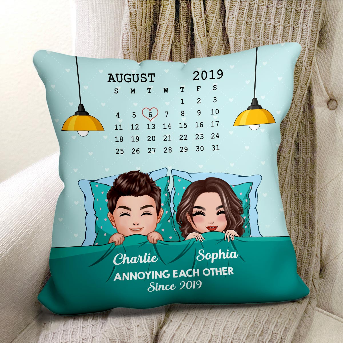 Sleeping Couple Annoying Each Other Anniversary Date Personalized Pillow