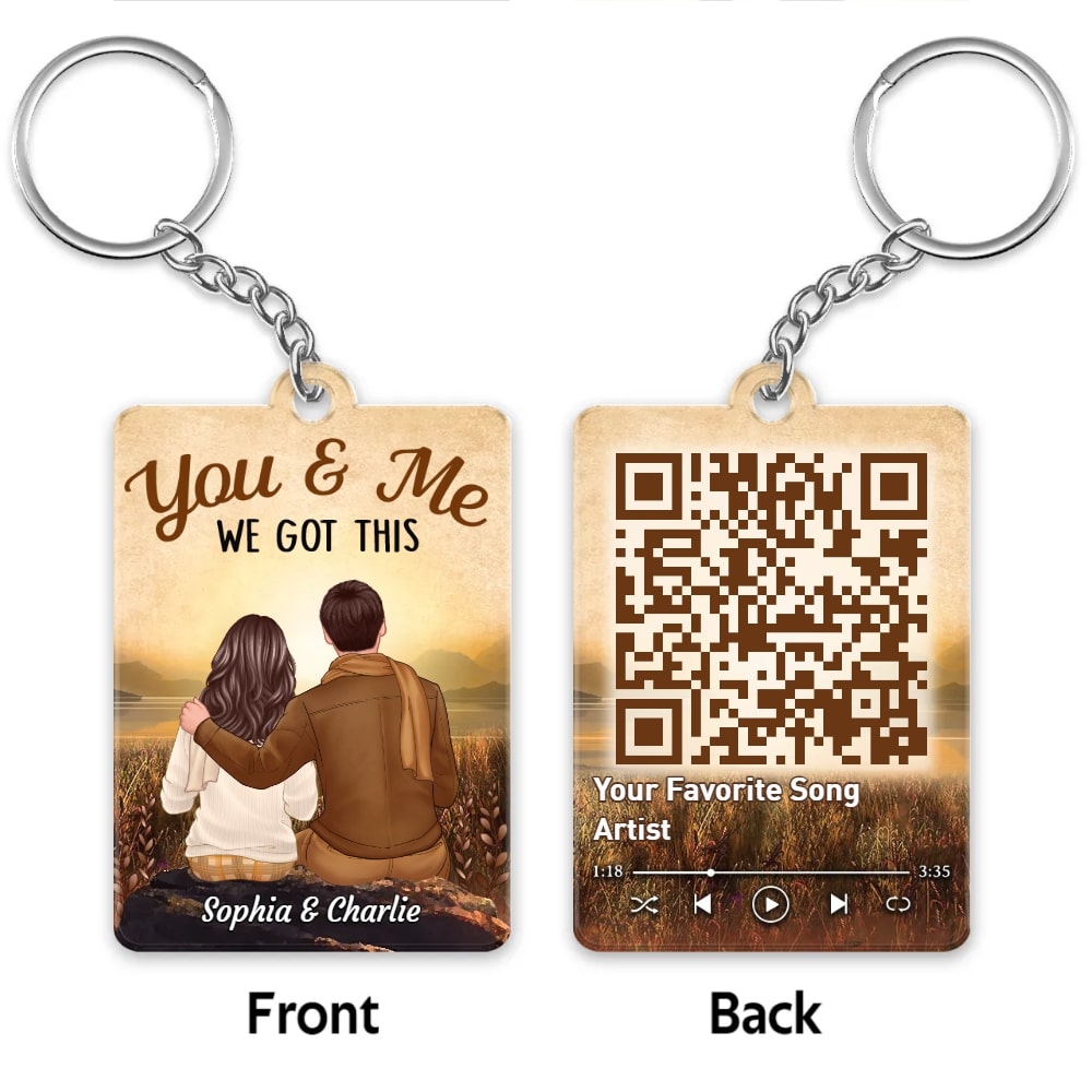 Fall Season Couple Sitting Back View Favorite Song Scannable QR Code Personalized Acrylic Keychain