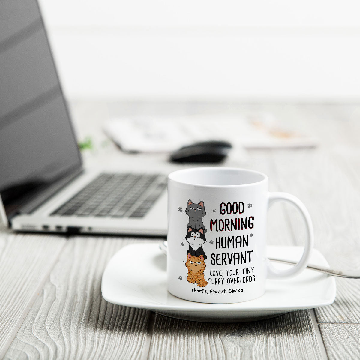 Good Morning Human Servant Stacked Cats Funny Gift For Cat Lover Personalized Mug