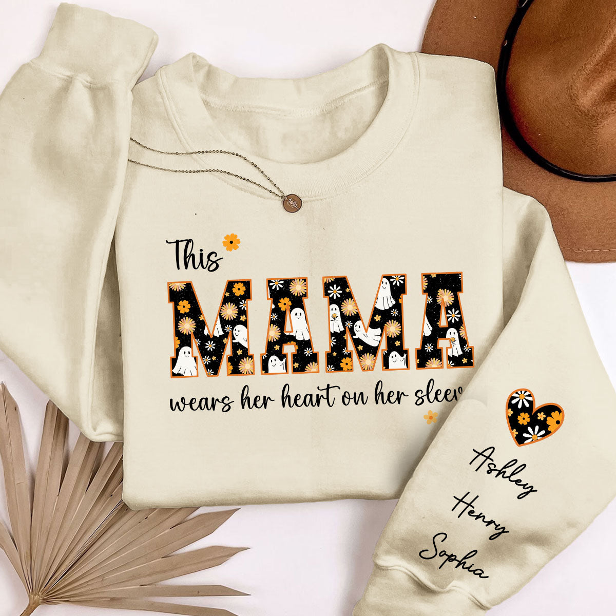 Halloween This Mama Wears Her Heart on Her Sleeve Personalized Sleeve Printed Sweatshirt