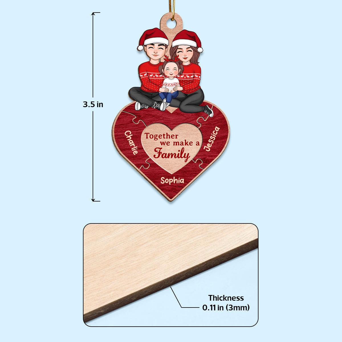 Together We Make A Family Red Heart Puzzle Personalized Wooden Ornament