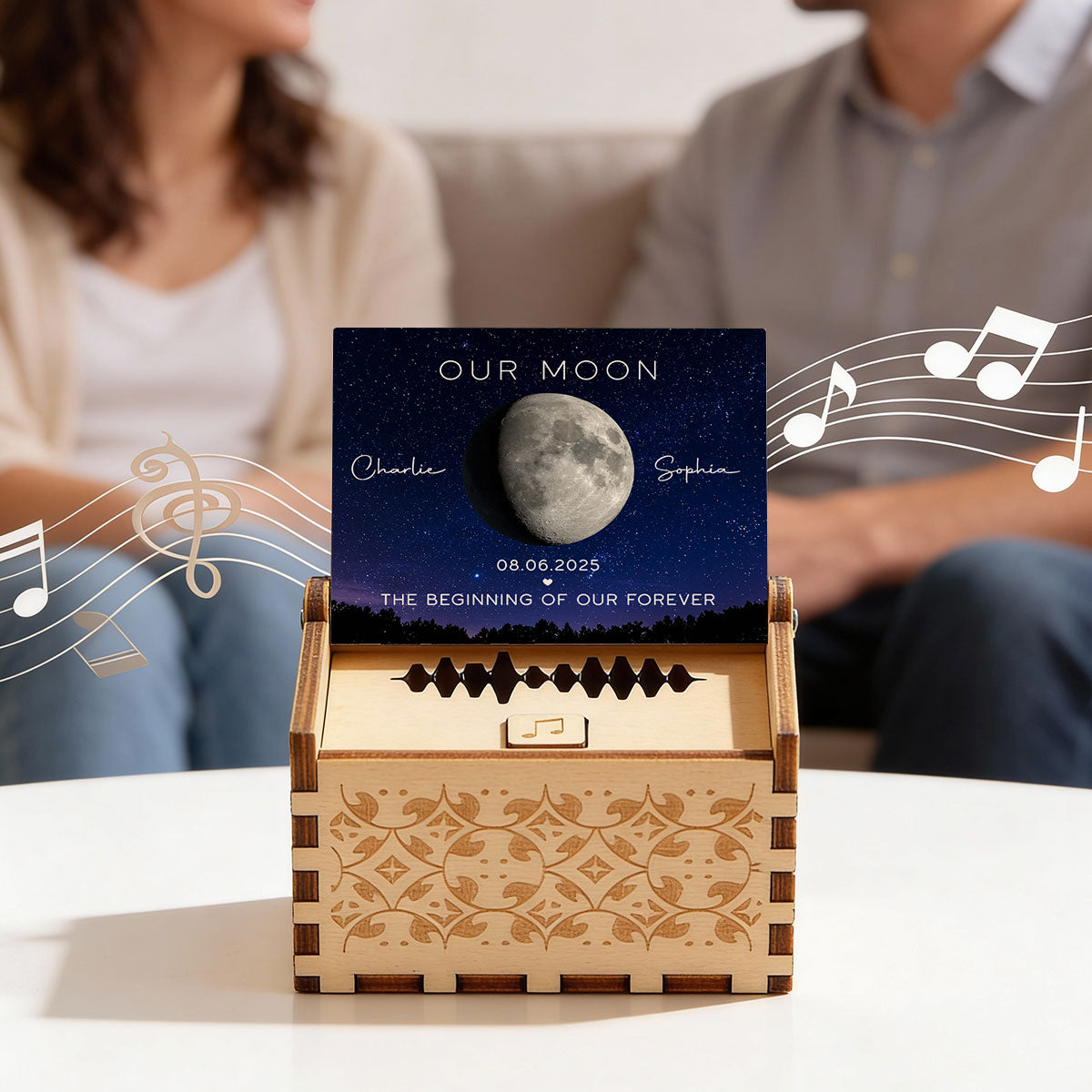 Our Moon Custom Moon Phase & Favorite Song - Personalized Wooden Music Box - Valentine's Day Gift For Him, Gift For Her