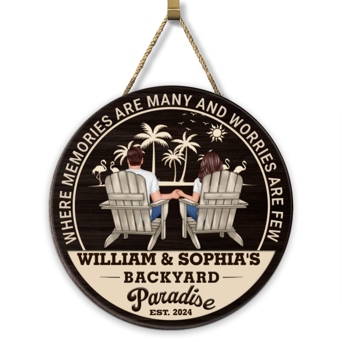 Backyard Paradise Couple Sitting Personalized Wood Sign