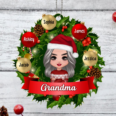 Doll Grandma Christmas Wreath Personalized Wooden Ornament