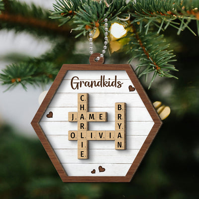 Grandkids Crossword Puzzle Art Personalized Hexagon Shaped 2-Layer Wooden Ornament, Christmas Gift For Grandma, Gift For Mom