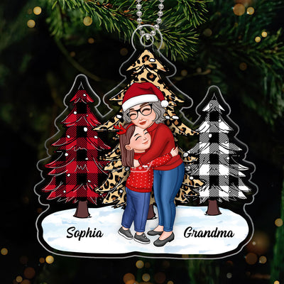 Grandma Hugging Grandkids Christmas Checkered Leopard Christmas Tree Gift For Grandkids Personalized Acrylic Ornament