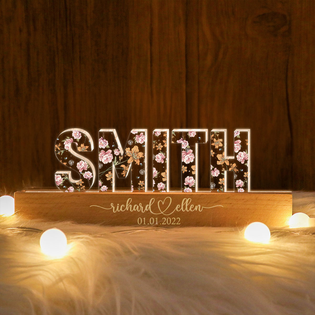 Mr & Mrs Family Name Wedding Anniversary  Gift for her & for him, Custom Flower Printed LED Night Light