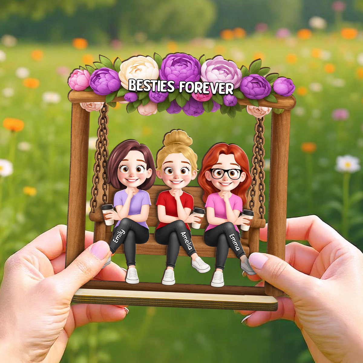 Pretty Besties Sisters On Swing Flowers 3D Effect Personalized Standing Wooden Plaque