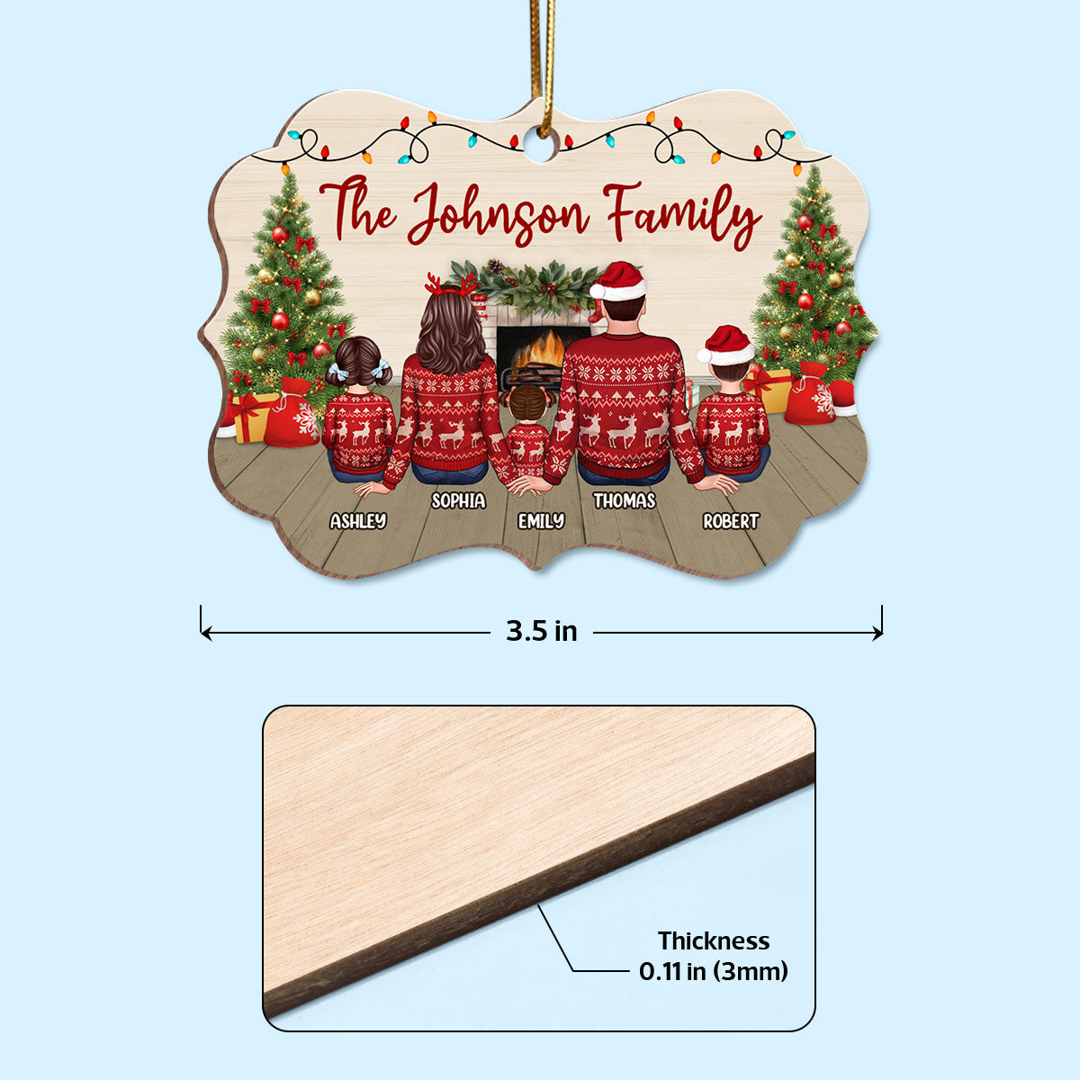 Family At Fireplace Christmas Ugly Sweater Personalized Wooden Ornament