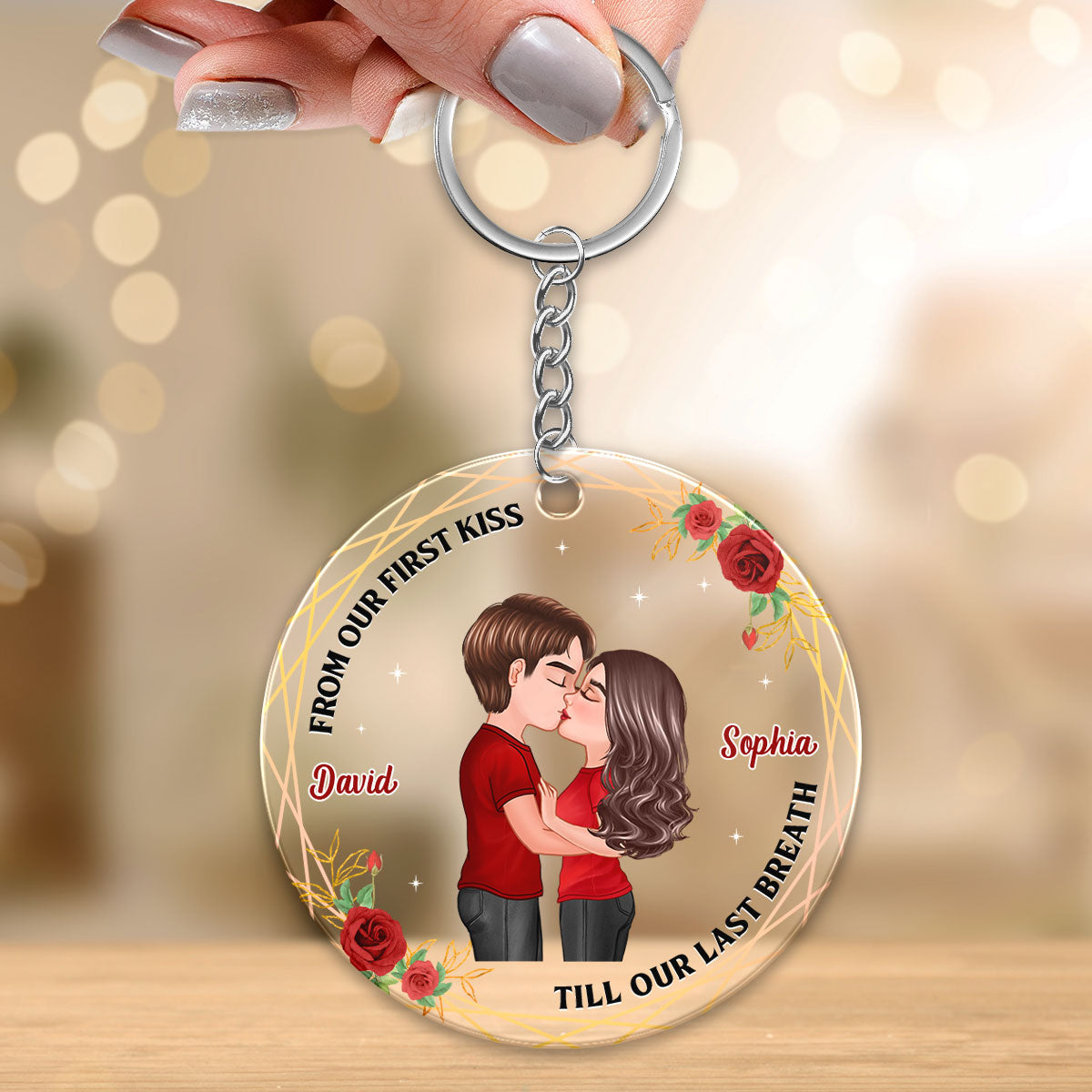Doll Couple Kissing Roses Frame Personalized Circle Acrylic Keychain