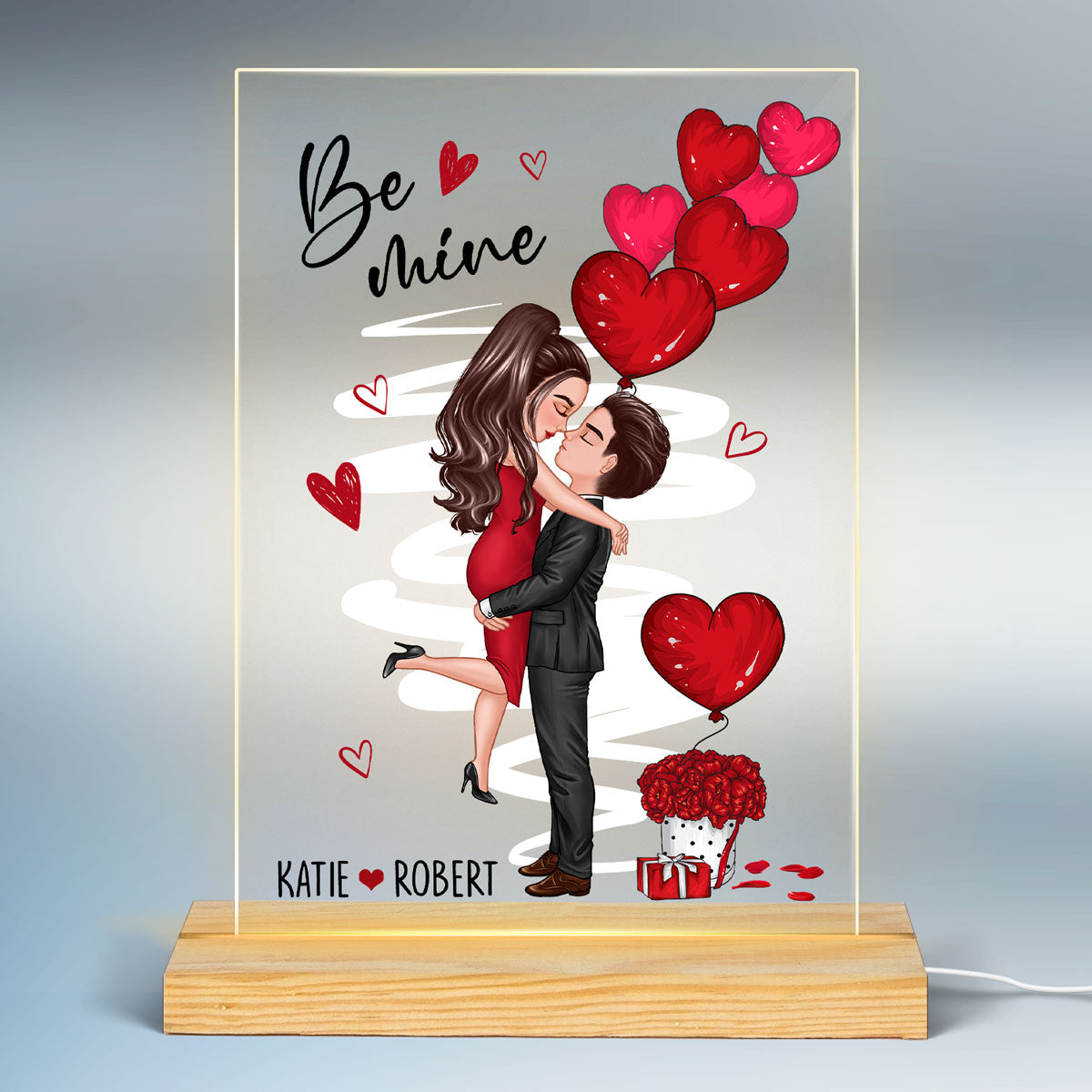 Be Mine Doll Couple Kissing - Personalized Acrylic Block Plaque LED Night Light - Anniversary Gift For Him, Gift For Her