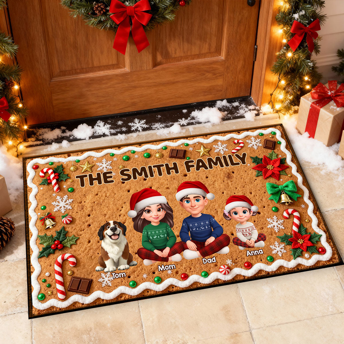 3D Effect Gingerbread Theme Beautiful Family Together Christmas - Personalized Doormat