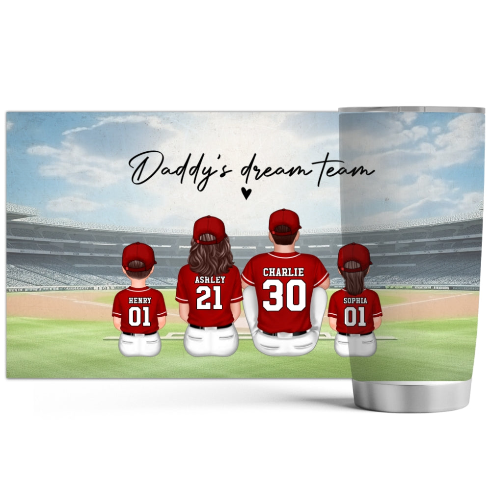 Daddy's Team Baseball Family Sitting Personalized Tumbler, Father's Day Gift For Dad, Grandpa, Husband