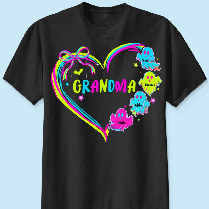 Halloween Preppy Style Neon Colors Boo Kids Names Grandma Heart Personalized Shirt