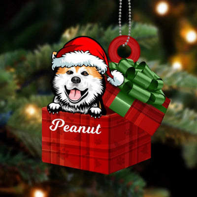 Peeking Dog In Christmas Gift Box Personalized Wooden Ornament
