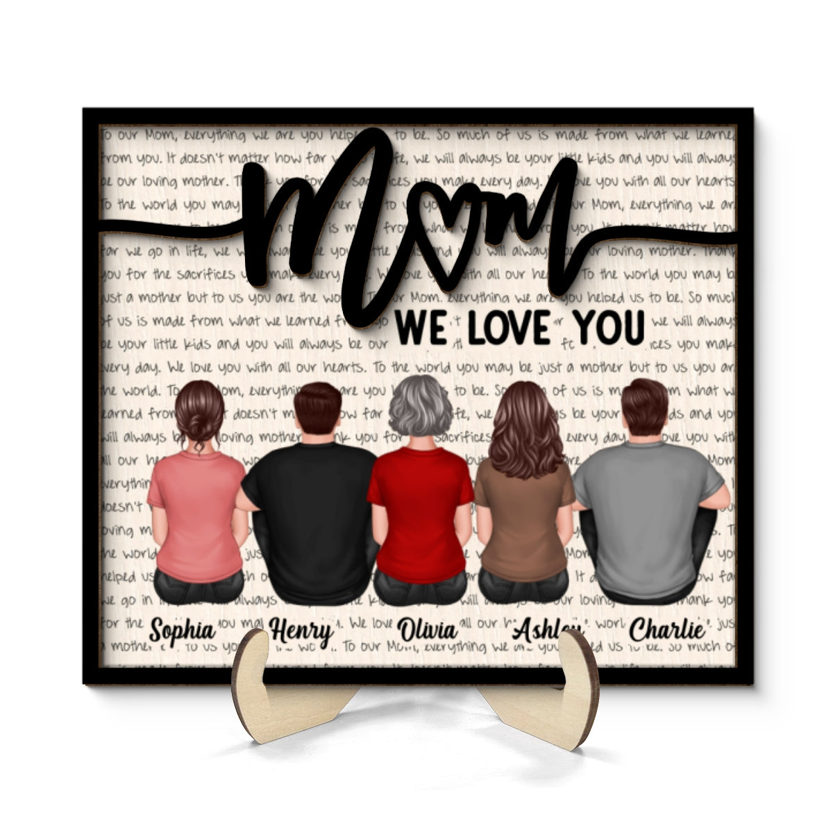 Back View Mom And Daughters Sons Sitting Letters Background Mother‘s Day Gift For Mom Personalized 2-Layer Wooden Plaque