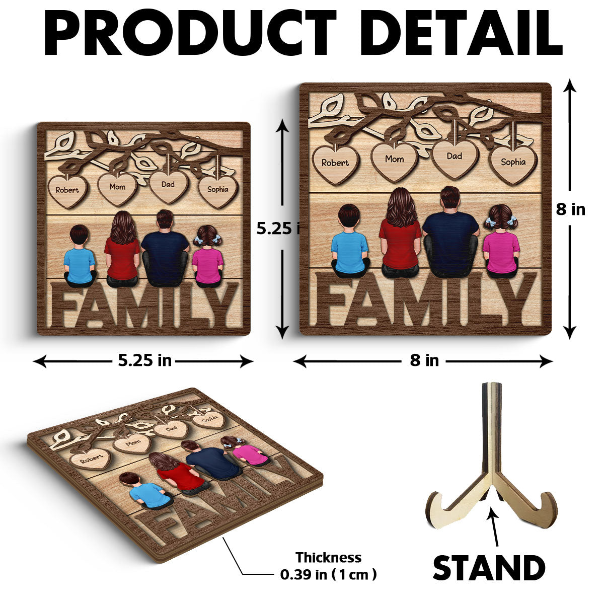 Family Dad Mom Kids Dogs Cats Sitting On Word Under Tree Personalized 2-Layer Wooden Plaque