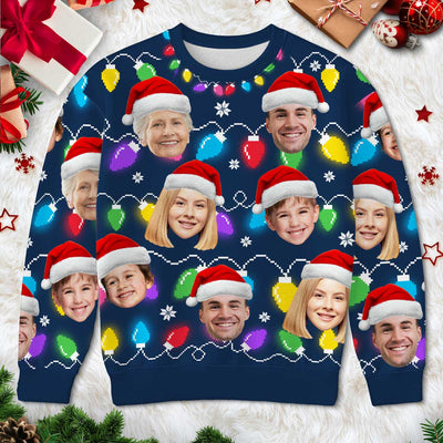 Christmas Light Family Dog Cat Pet Photo Upload Funny Christmas Personalized Faux Knit Ugly Sweater