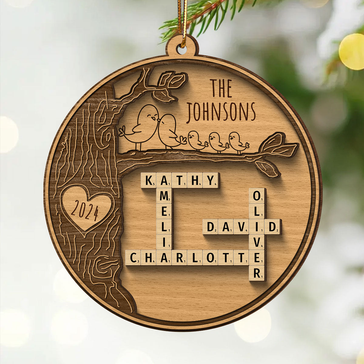 Family Tree Crossword Puzzle Art, Personalized 2-Layered Wooden Ornament