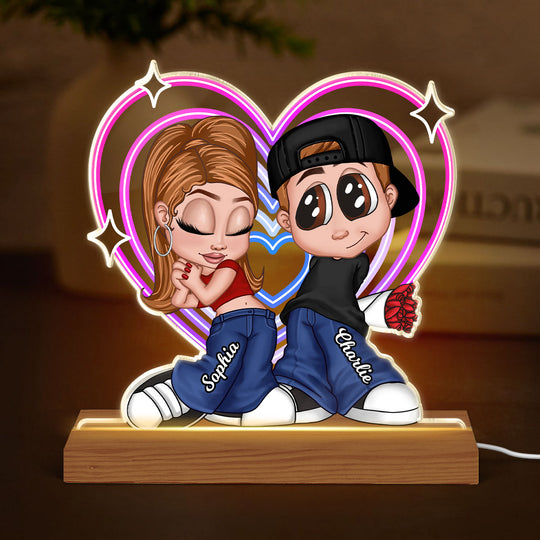 Y2K Couple Retro Heart Personalized Acrylic LED Night Light, Unique Valentine's Day Gift For Him, Gift For Her