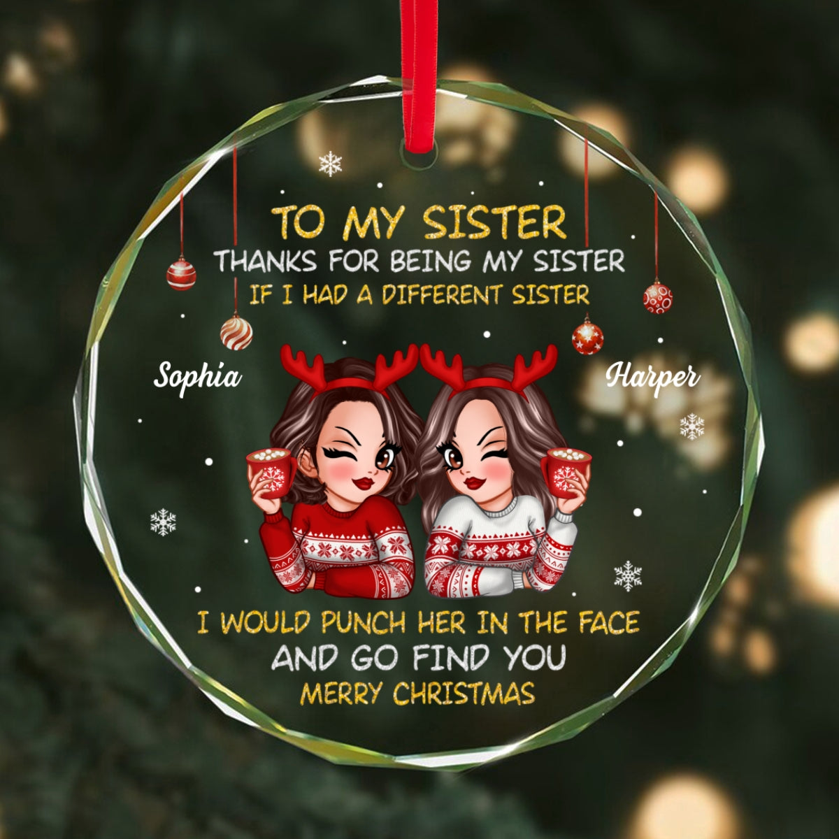 To My Sister Brother Merry Christmas Personalized Glass Ornament, Christmas Gift For Sisters, Brothers