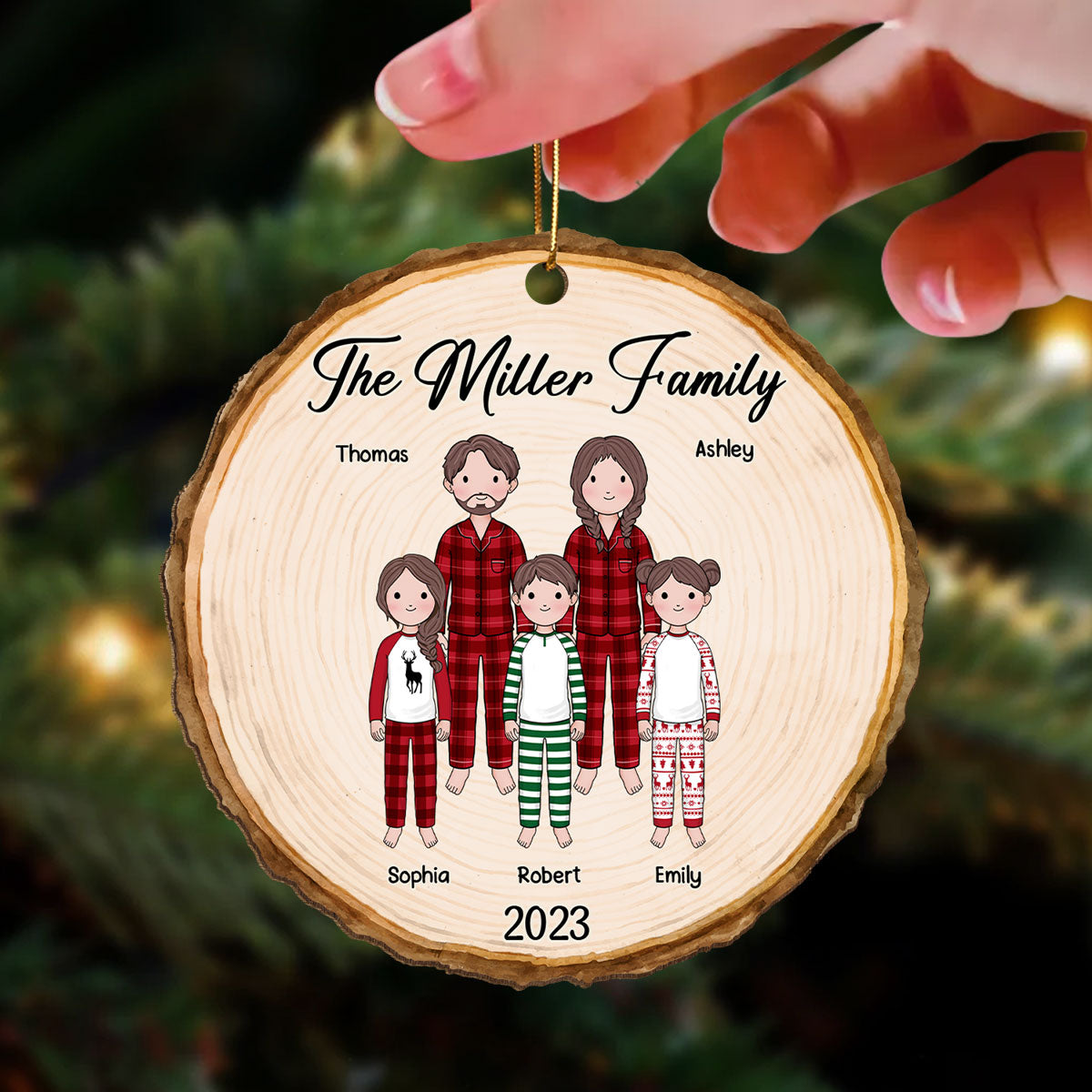 Simple Cartoon Whole Family Dad Mom Kid Dog Cat Wood Slice Christmas Personalized Wooden Ornament
