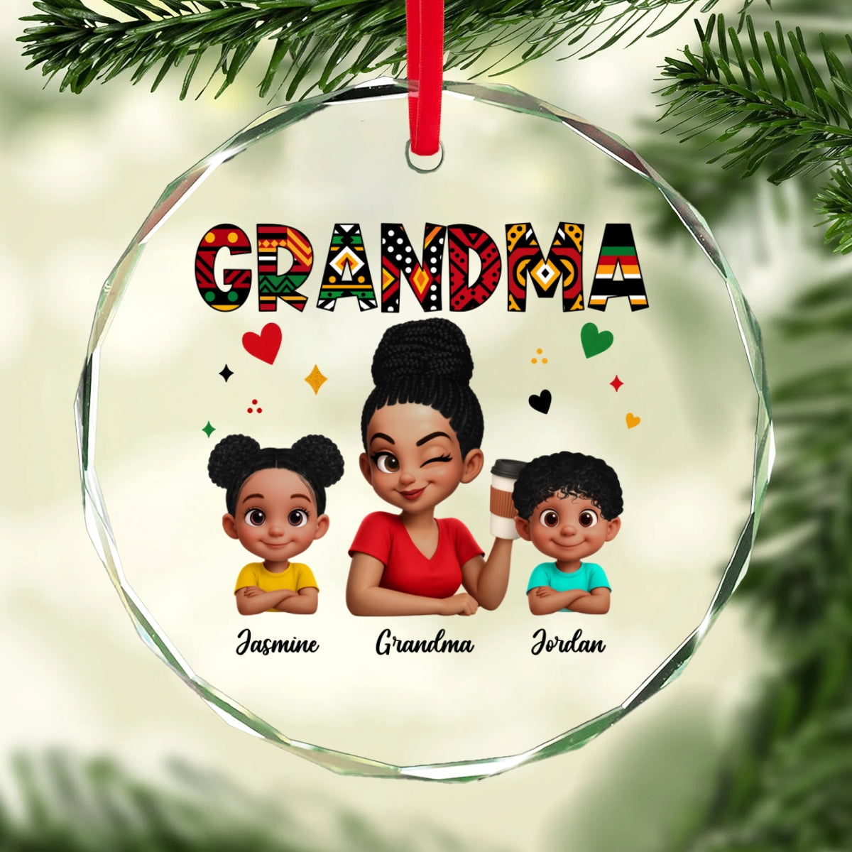 Tribal Pattern Grandma Grandkids Love - Personalized Glass Ornament - Gift For Grandma