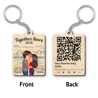 Mountain Sketch Doll Couple Kissing Favorite Song Scannable QR Code Personalized Wooden Keychain