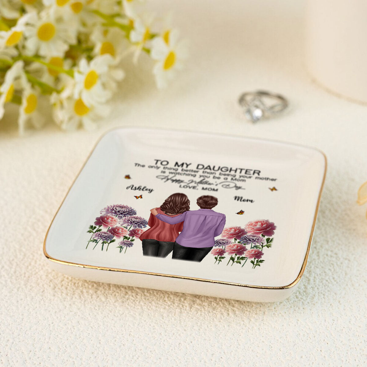 To My Daughter From Mom Happy Mother's Day Birth Flower Personalized Jewelry Dish, Gift For Daughter